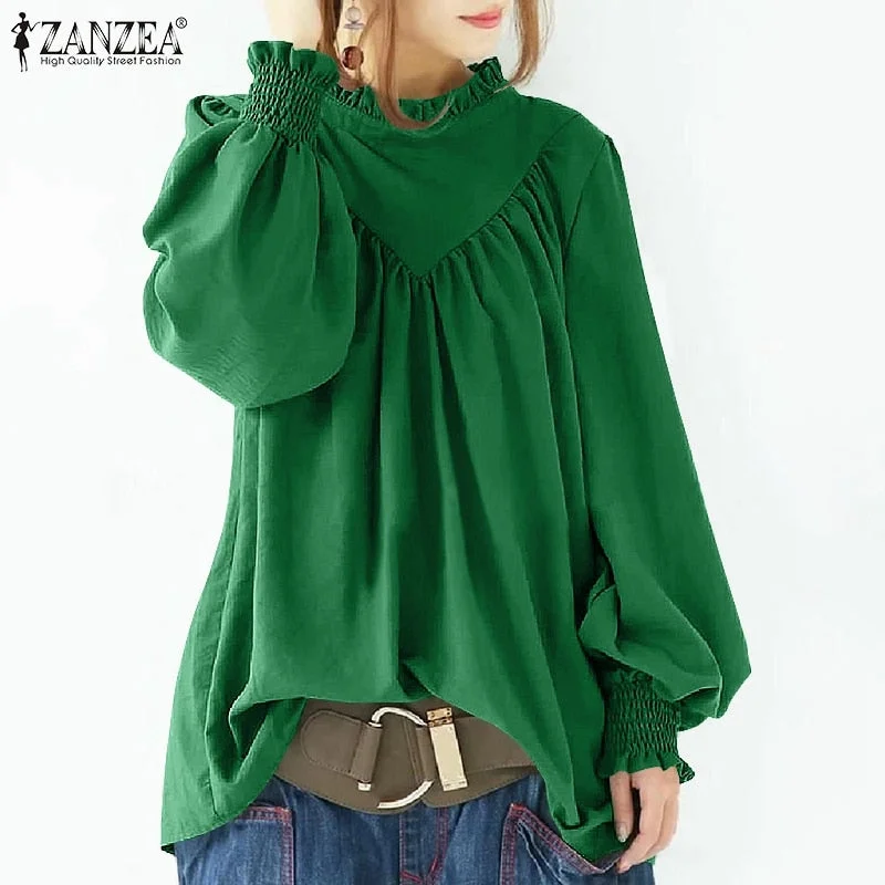 ZANZEA 2021 Women Fashion Casual Office Shirt Solid Chemise Femme Clothing Plain Ruffles Work Blusa Autumn Puff Sleeve Blouse
