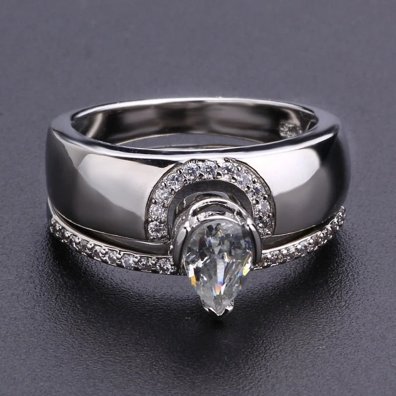 2Pcs/set Luxury Metal Craftsman Inlaid Water Drop Zircon Ring Classic Woman Travel Reception Popular Net Red Ring