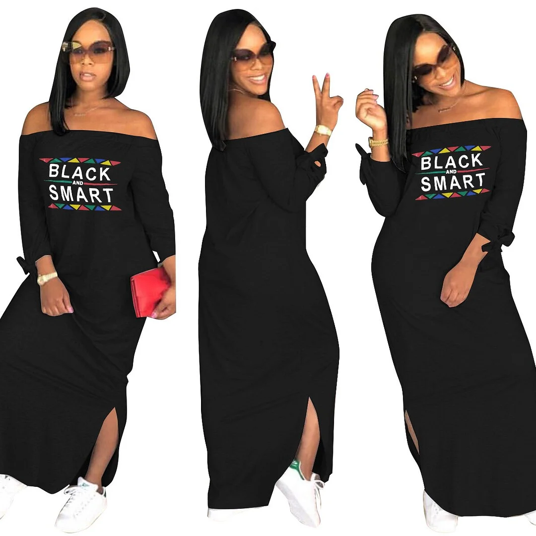 Fashion Sexy Slash Neck Ladies Solid Color Letter Printing Long Dress Home Casual Street Loose Large Size Dress
