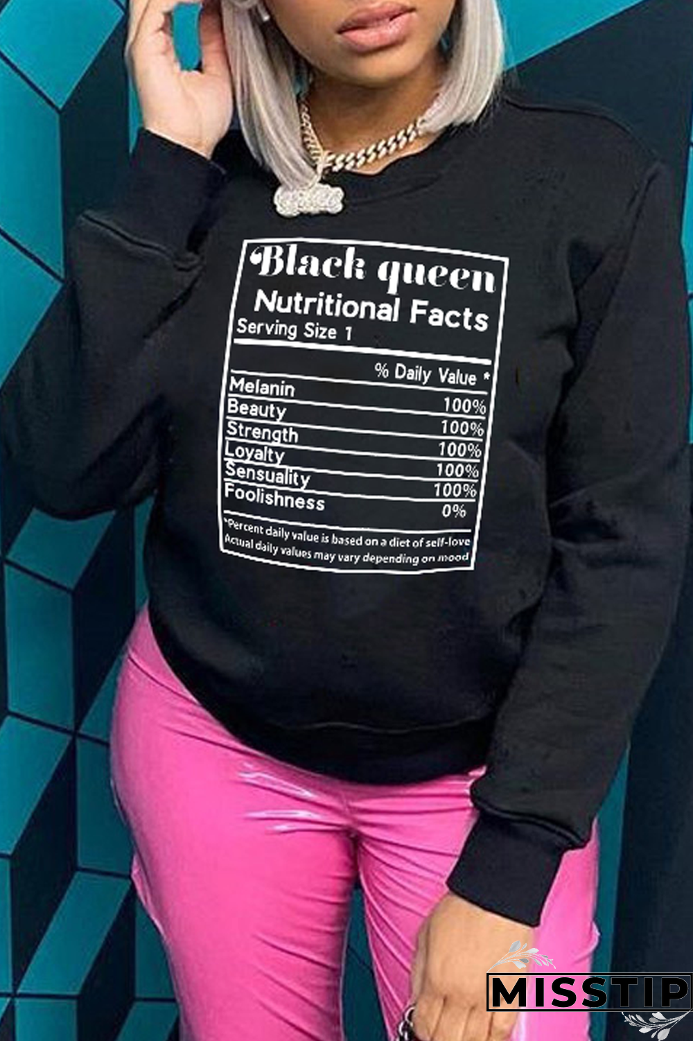 Black Fashion Street Print Patchwork Letter O Neck Tops