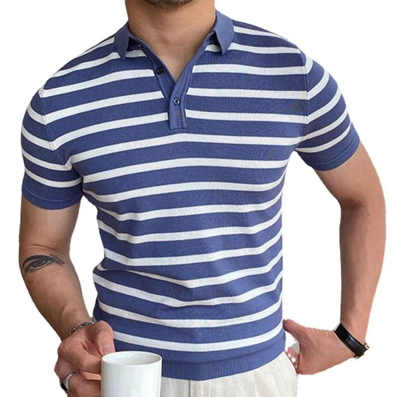 Uveng Uveng Men's Summer New Overturned Knits Blue Striped Business Polo Shirts Men's SY0148