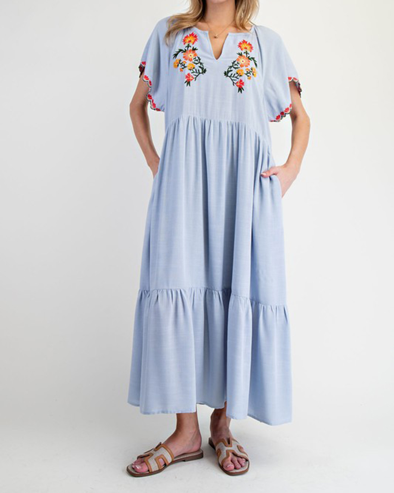 Floral Embroidery V Neck Short Sleeve Maxi Dress