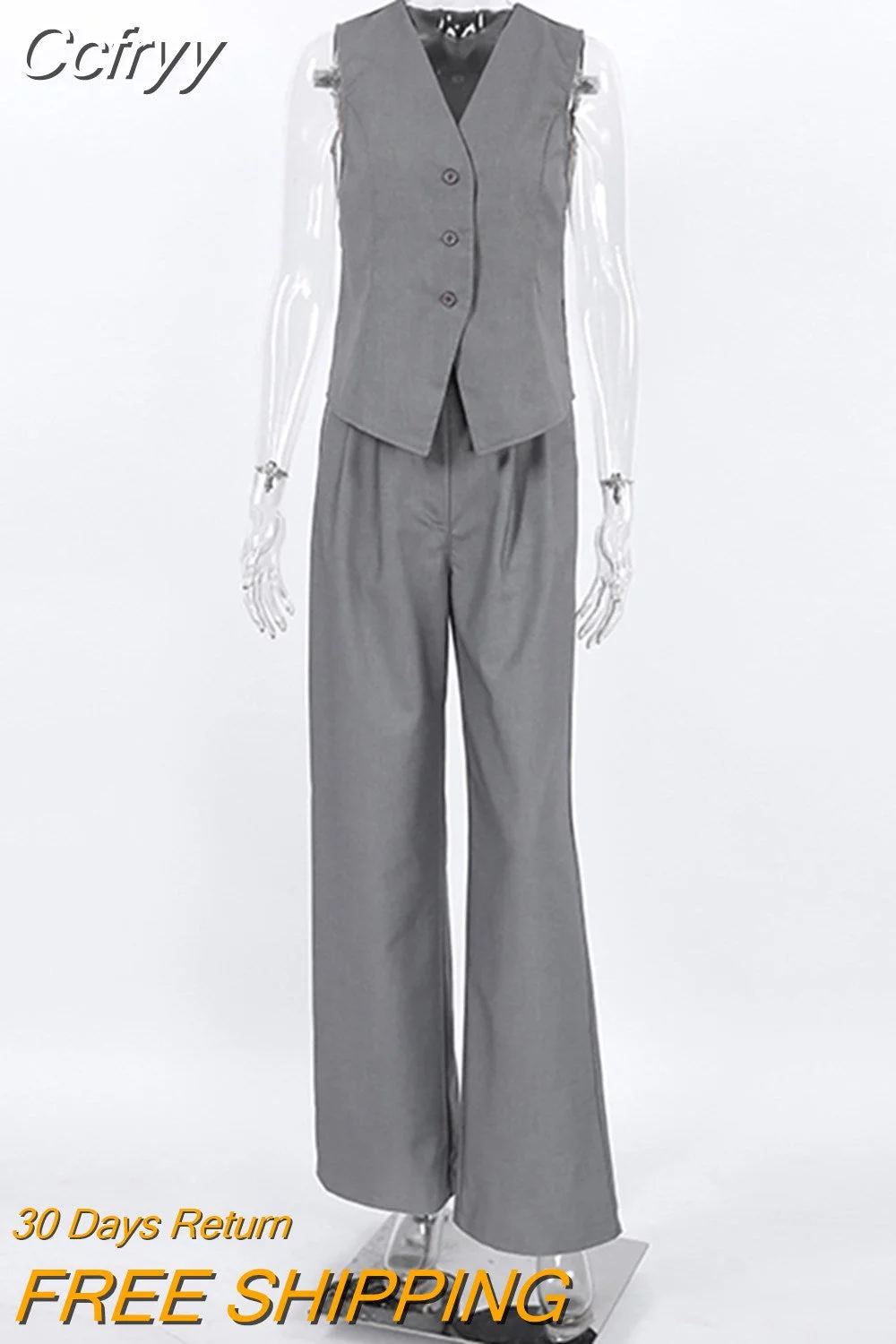 Huibahe Gray Office Two Pieces Pants Suits Blazers Vest And Wide Leg Pants Women Sets Business Casual Ladies Outfits 2023