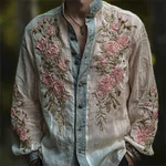 Men's Vintage Pink Roses Embroidered Contrast Bordered Linen Shirt - Image 2