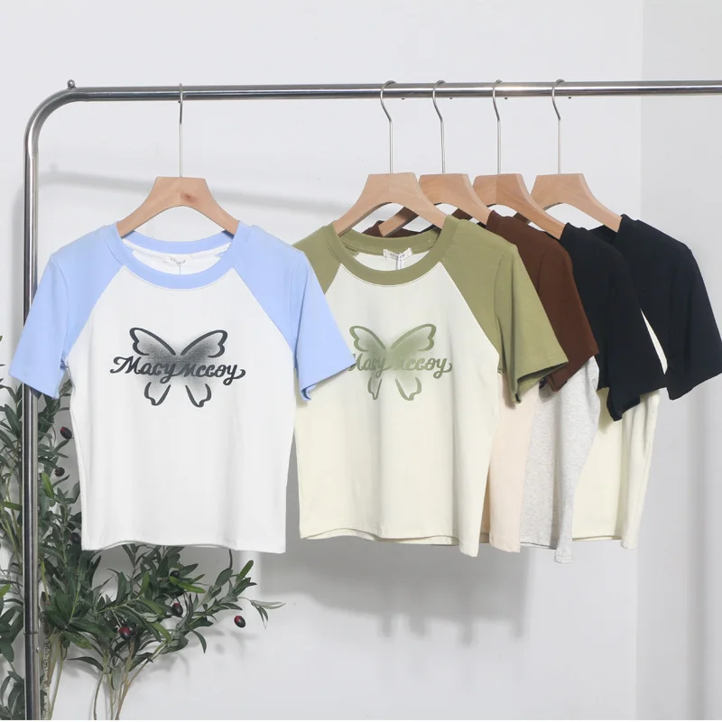 Uveng Retro Printed Short-Sleeved T-Shirt Women's Short-Coln High-Waisted Body Shirt 88899