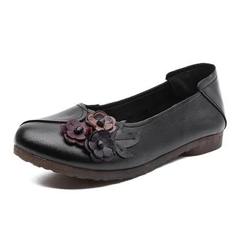 Three Flower Retro Black Flats For Women Genuine Leather Flat Shoes QueenFunky
