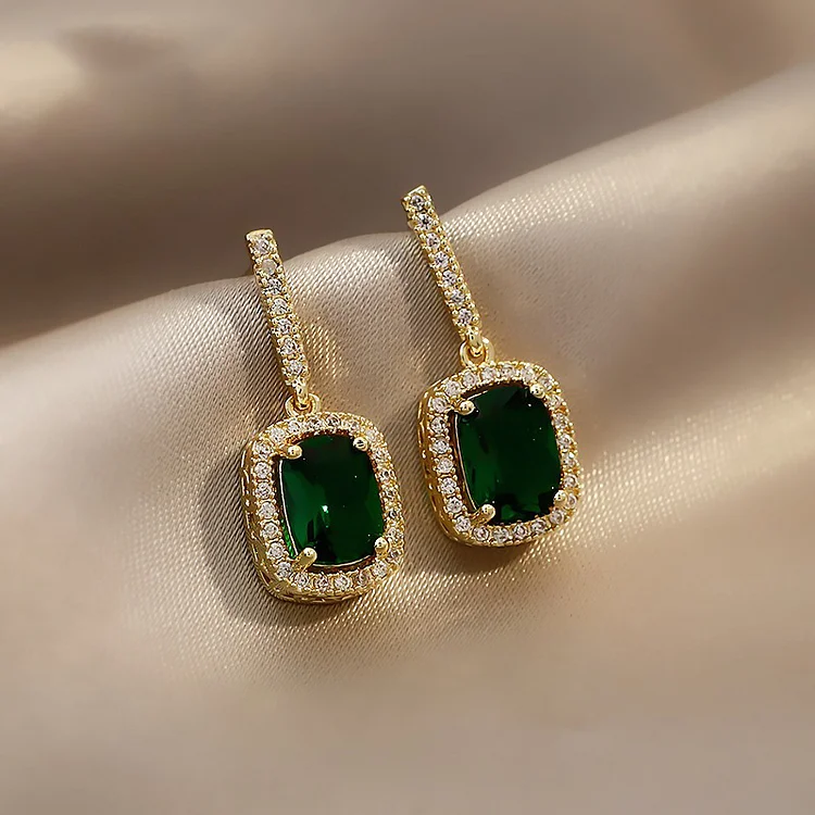 Retro Gold Plating Diamond Emerald Green Earrings  Flycurvy [product_label]