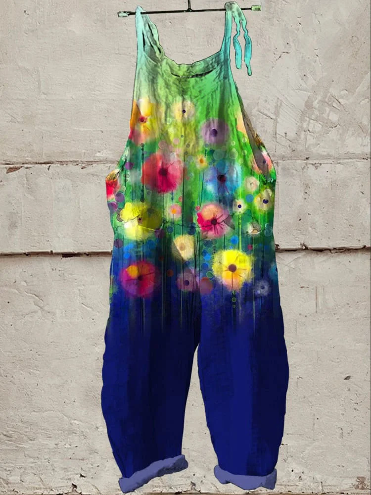 Vibrant Summer Floral Garden Printed Women's Casual 100% Cotton Wide Leg Jumpsuit