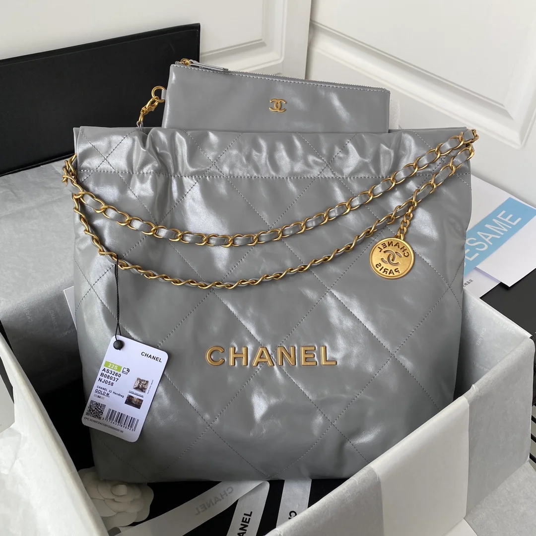 Chanel 22手袋正品尾皮 灰銀中號42cm