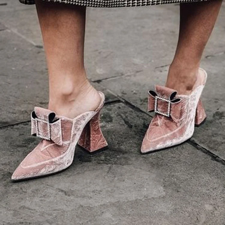 Pointed Toe Velvet Pumps Women's Elegant Block Heels Rhinestone Mules |FSJ Shoes