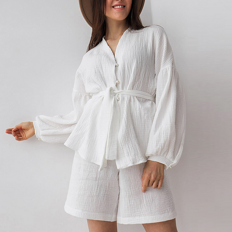 Cotton and Linen Lace Up Pearl buttons Solid Color Two Piece Set