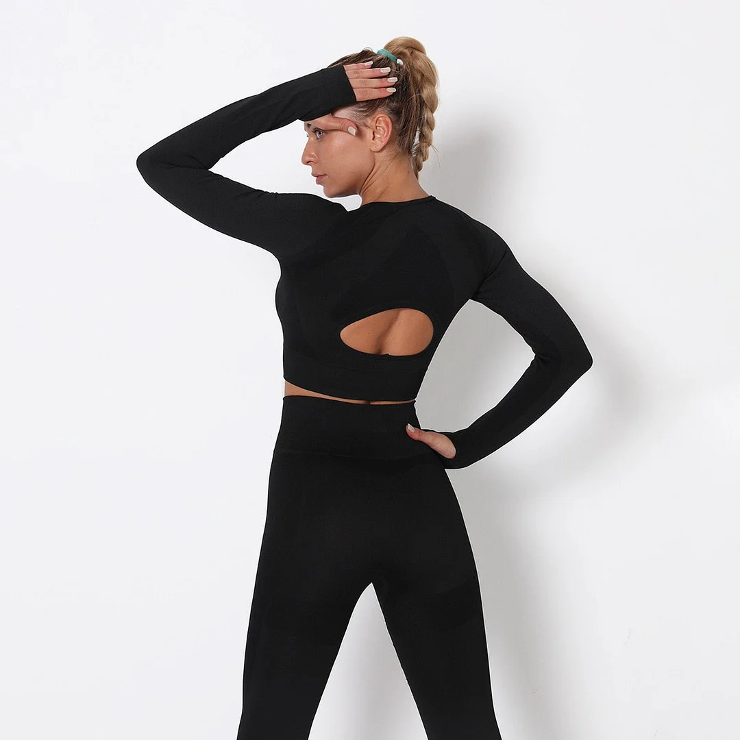 Women Long Sleeve Running Shirts Sexy Exposed Navel Workout T-shirts Solid Sports Shirts Quick Dry Fitness Gym Crop Tops