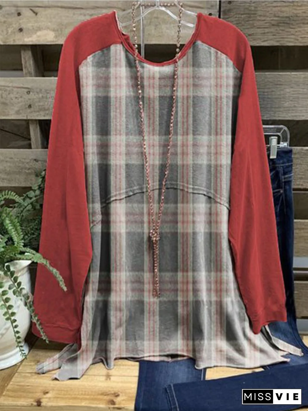 Red Round Neck Checkered/plaid Casual T-shirt