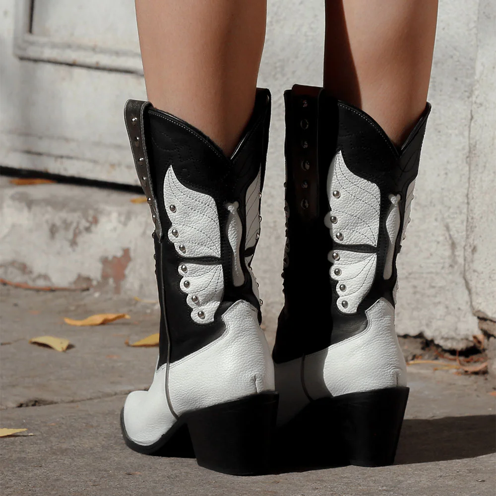 Black & White Pointed Toe Chunky Heel Studded Western Boots for Women