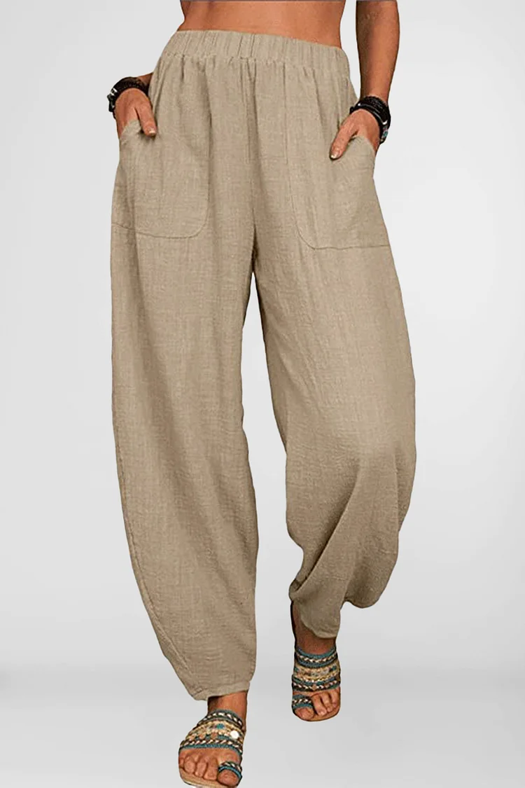 Plus Size Casual Khaki Linen Pocket Solid Color Pants  Flycurvy [product_label]