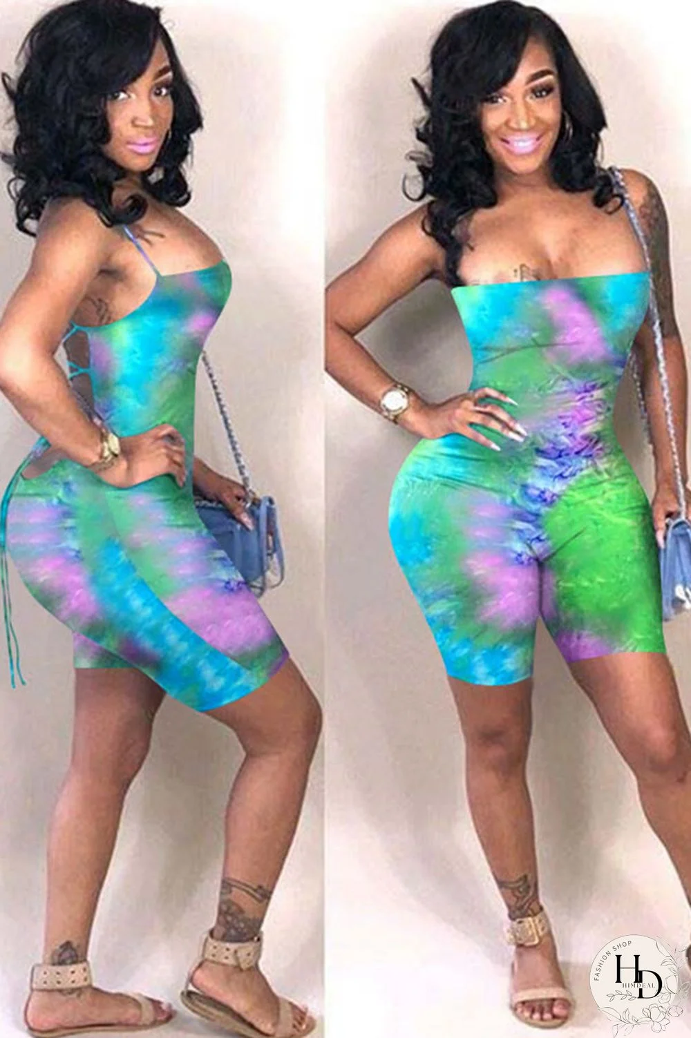 Green Fashion Sexy Coloured drawing Backless Polyester Sleeveless Slip Jumpsuits