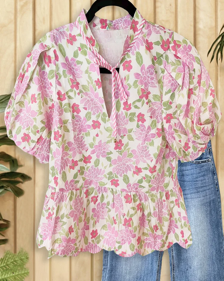 Floral Print Tie Neck Pretty Peplum T-Shirt
