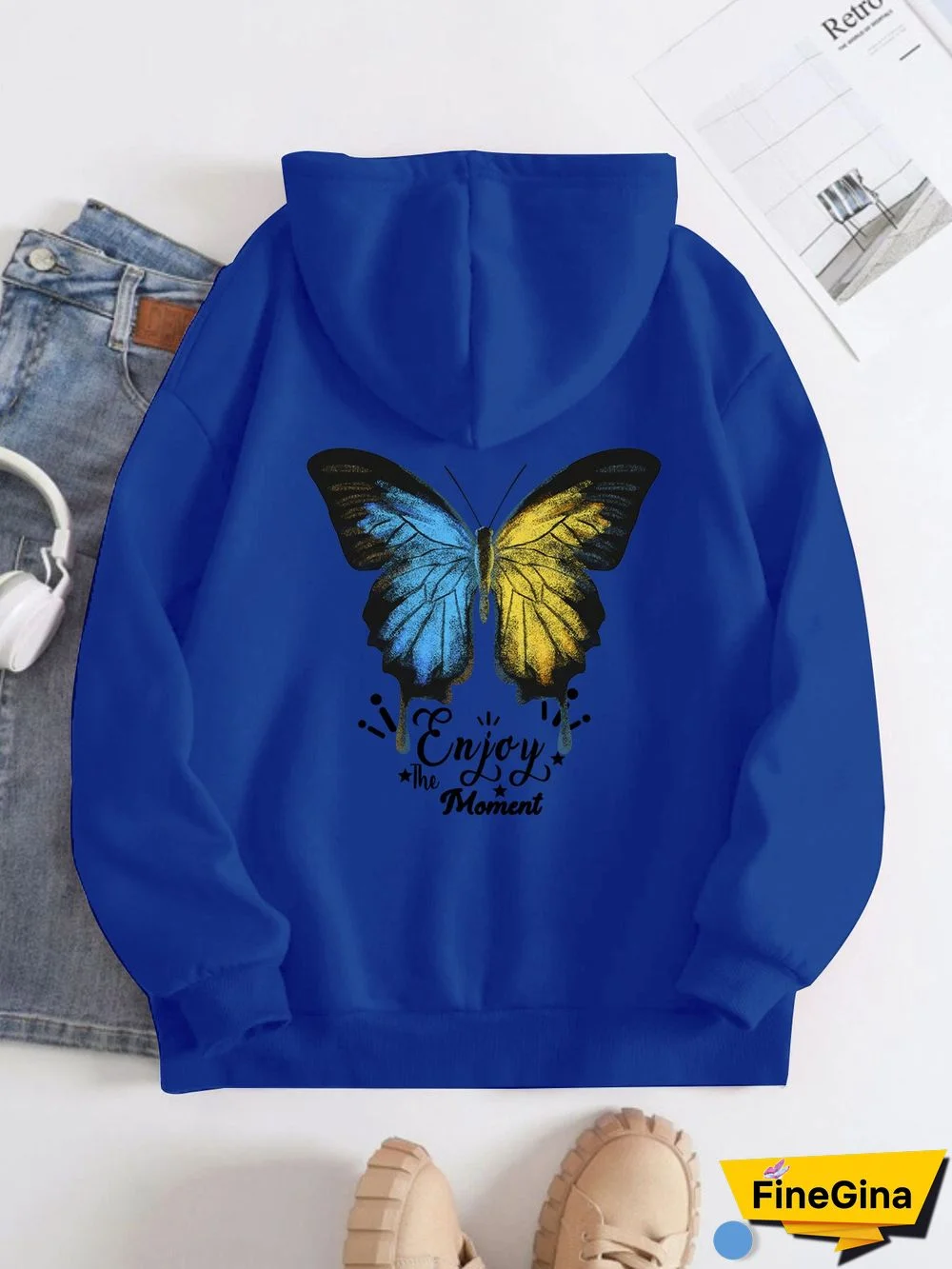 Printed on the Back Kangaroo Pocket Hoodie Long Sleeve for Women Pattern Butterfly Enjoy the Moment