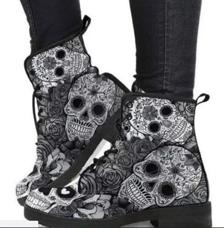 Martin Boots Women's Autumn and Winter New2021British Fashion Women's Tooling Boots Skull and Flower Print High-top Boots Ladies 1118