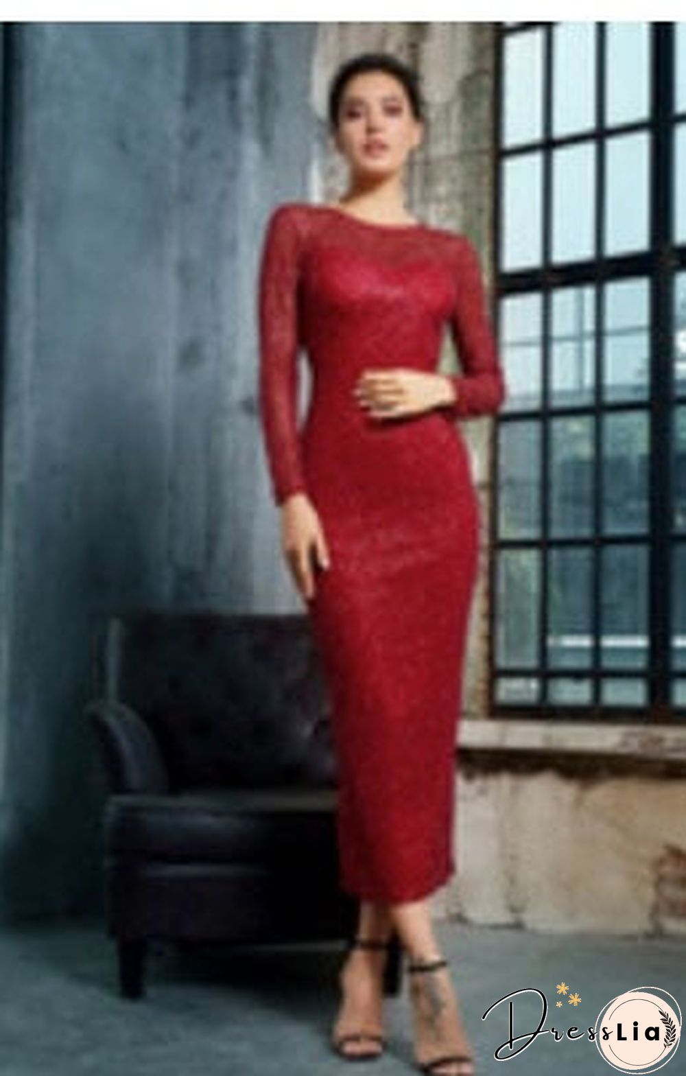 Navy 0-Neck Open Back Glued Material Mid-Calf Dress LM81350