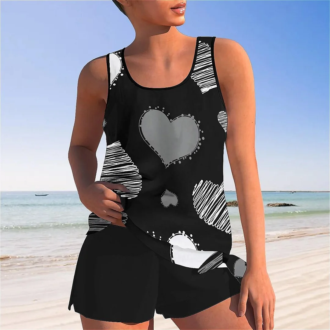Bowknot Heart,Love,Valentine's Day Mid Waisted Tankini Set - Plus Size Available