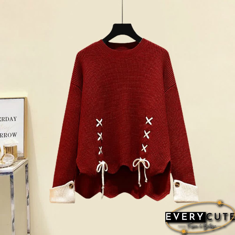 Round Collar Lace Up Knit Sweater Slip Dress Two Pieces Set