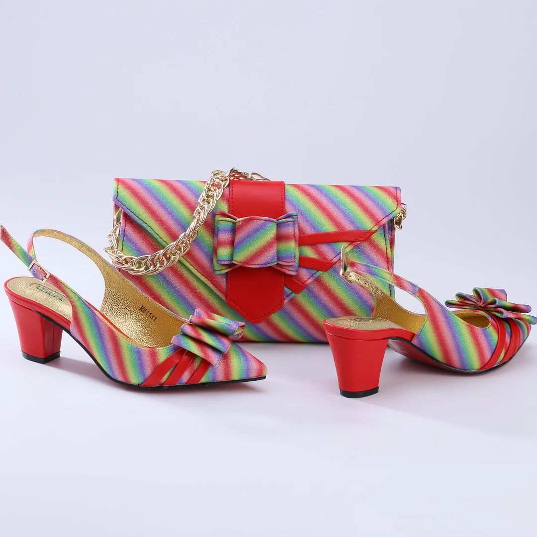QSGFC New Coming Italian Design African Colorful Stripes Pattern Style Women Shoes and Bag Set in Orange Color for Party Wedding