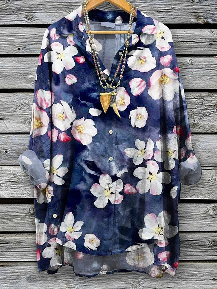 Women's  Floral  Print Casual Cotton And Linen Shirt
