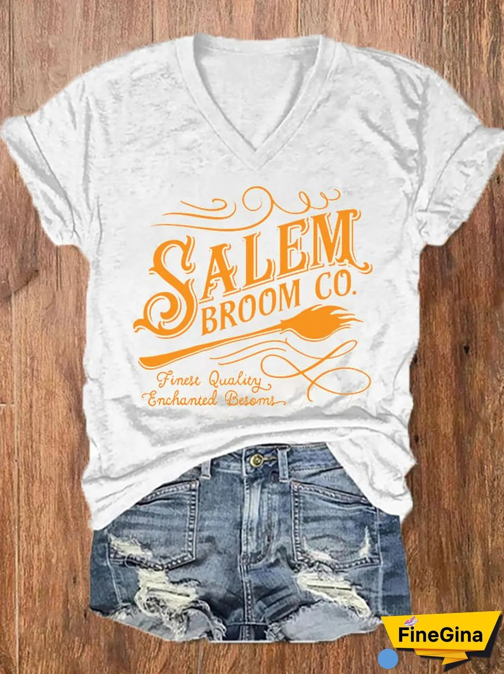 Women's Halloween Salem Broom Co. Casual V-Neck Tee