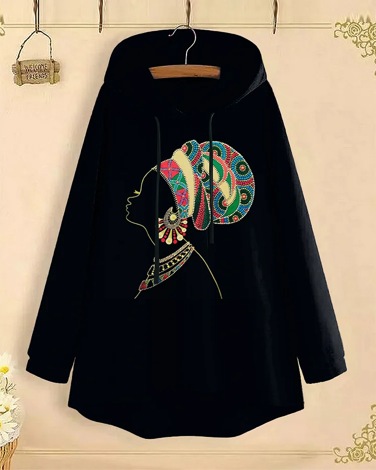 Chic Retro Ethnic Print Long-Sleeved with Loose Hem Hoodie