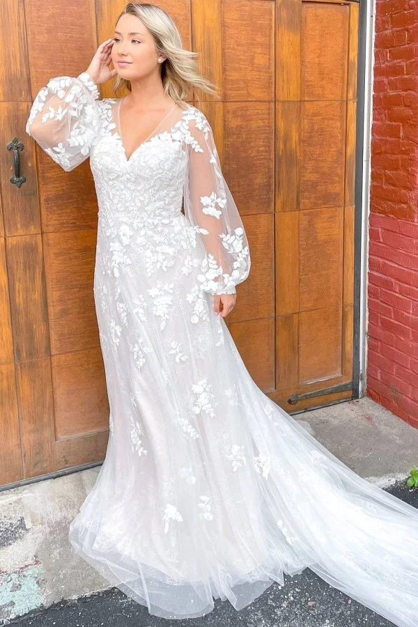 Chic Sheath Train Long Sleeves Deep V-neck Wedding Dress With Appliques Lace Tulle | Ballbellas Ballbellas