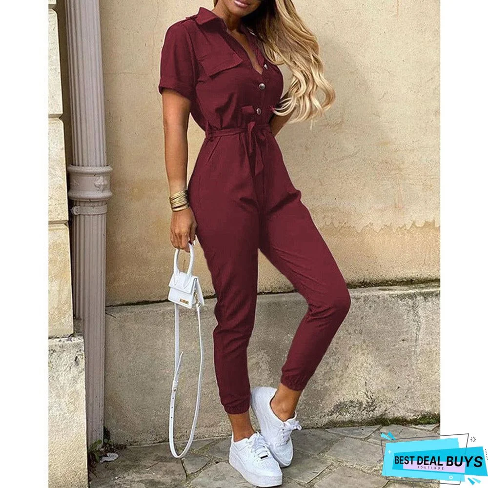 Women's Trousers Casual Lapel Buckle Printed One-Piece Pants