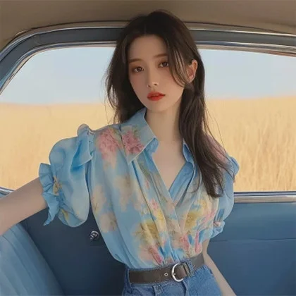 Athvotar Athvotar Spring And Summer New Small Shirt French Single Special Top Design Small Smell Blue Printed Shirt