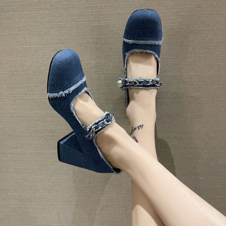 Denim Pearl Square Toe High Heels Women's Middle Heel Shoes-PABIUYOU- Women's Fashion Leader