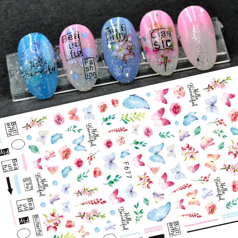 Butterfly Stickers Nail Art Blue Butterflies Flowers Rose 3D Adhesive Decals Acrylic Back Glue DIY Nail Manicure Slider Decor-Nail Inspo