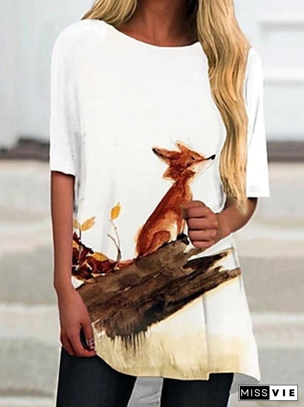 Women Short Sleeve Scoop Neck Animal Print Top