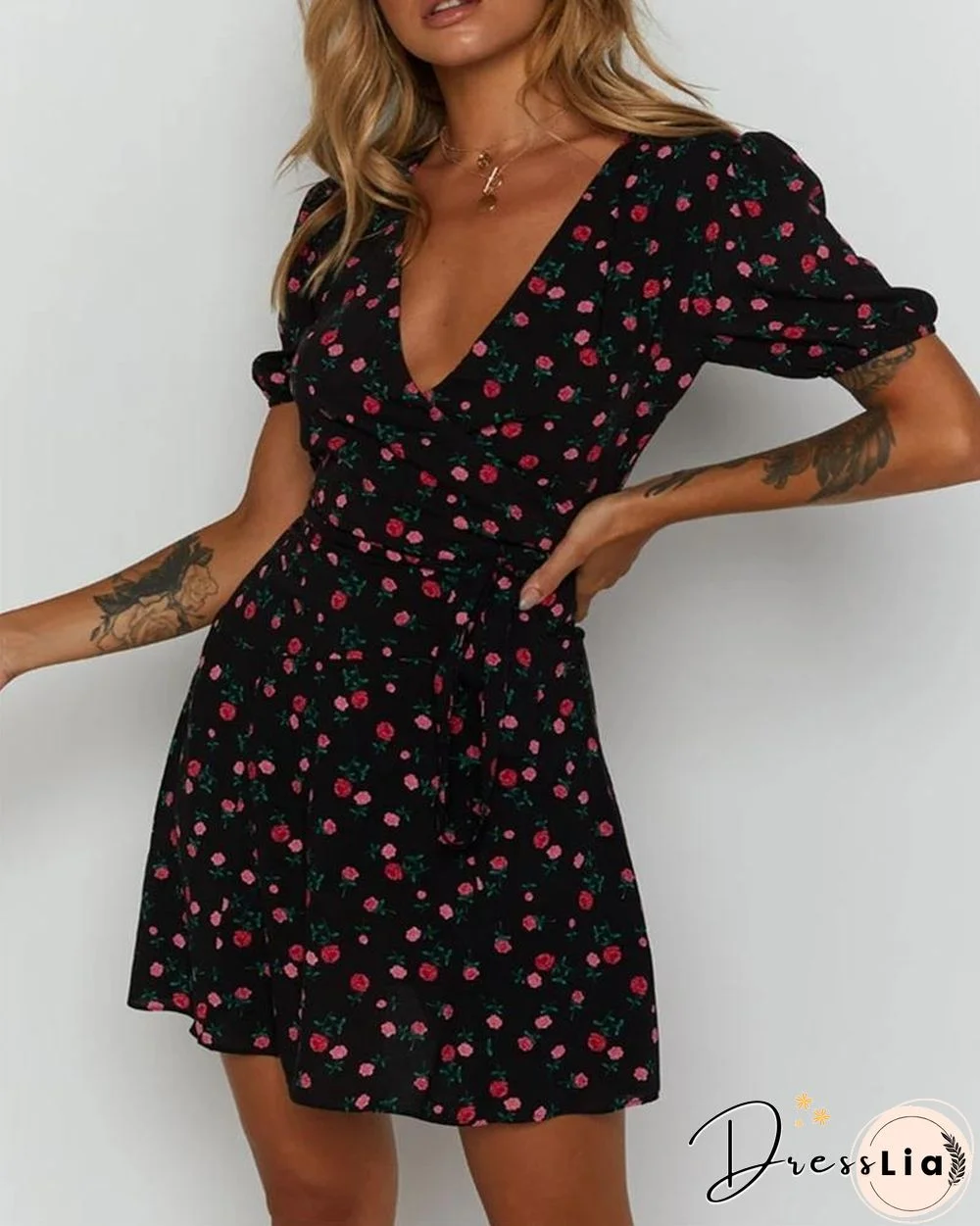 Floral Print Skinny Waist Short Sleeve Mini Dress P11926