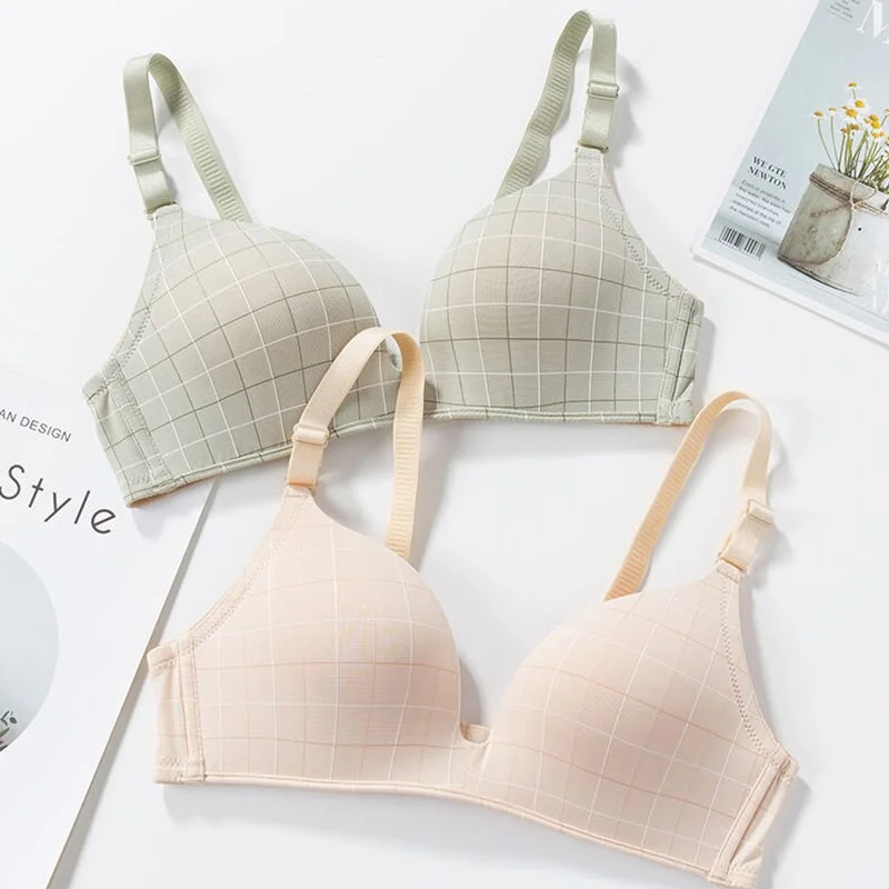 DERUILADY Adjusted Comfort Seamless Bralette Fashion Plaid Bras For Women Thin Breathable Wireless Push Up Bra Sexy Lingerie