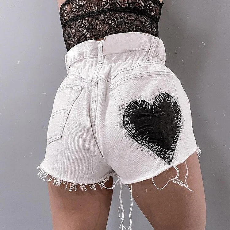 SOFT GRUNGE HEART EMBROIDERY HIGH WAIST MINI SHORTS