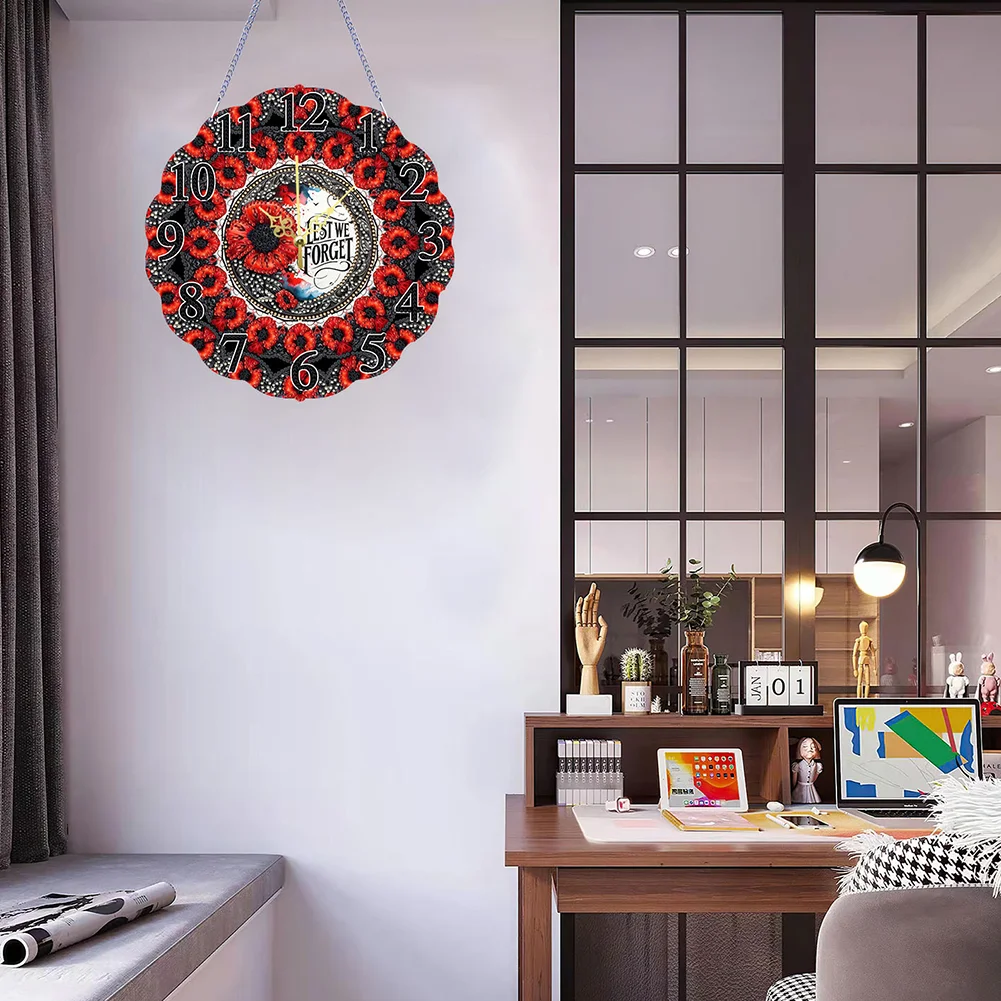 DIY Poppy Special Shape Diamond Painting Hanging Clock for Home Decor