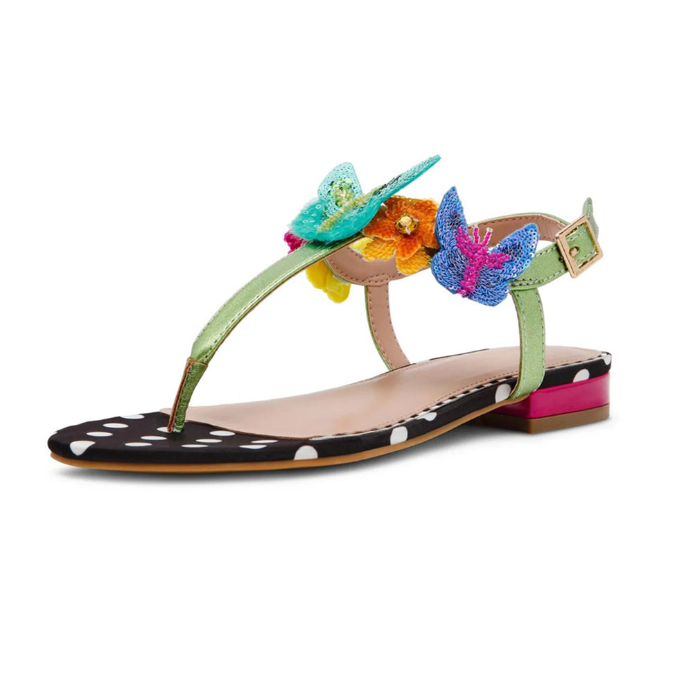 Green Beaded Butterfly & Flower Buckle Flat Flip Flop Women's Sandals Nicepairs