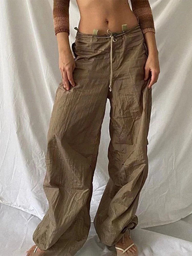 Jacqueline Y2K Wide Leg Cargo Pants Women Drawstring Baggy Low Waist Fashion Hippie Trousers Pocket Casual Street Vintage Brown