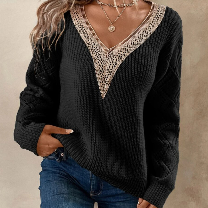 V-neck Sweater Loose Casual Pullover Lace Hollow Knitwear