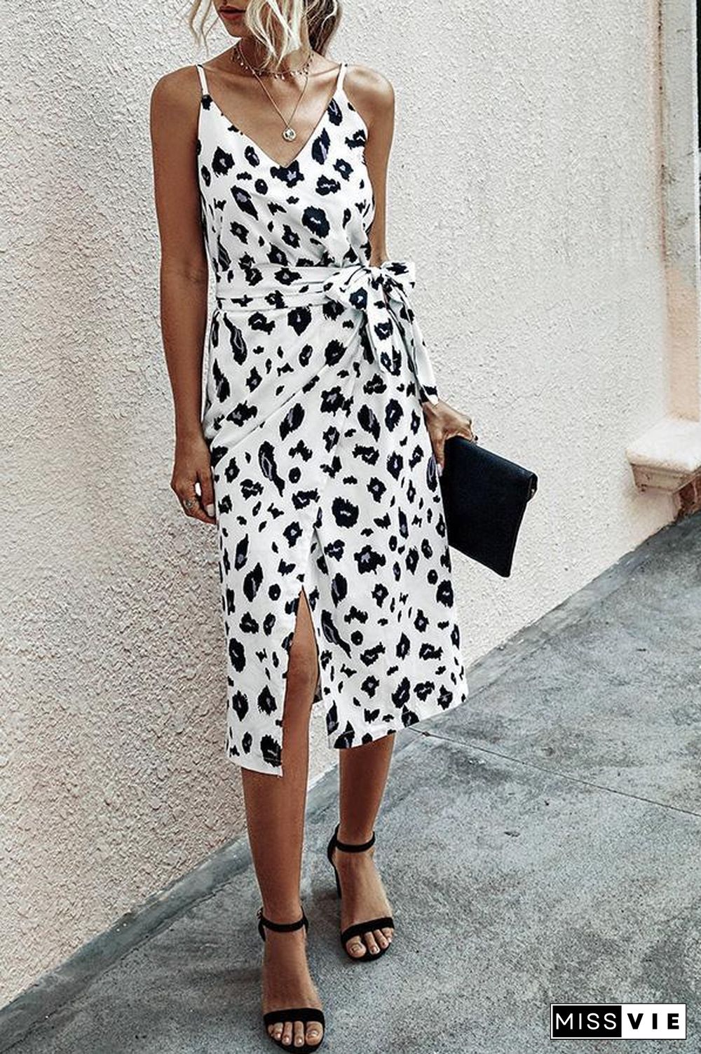 Fashionable Leopard-print Strapped Backless Midi Dress P11759