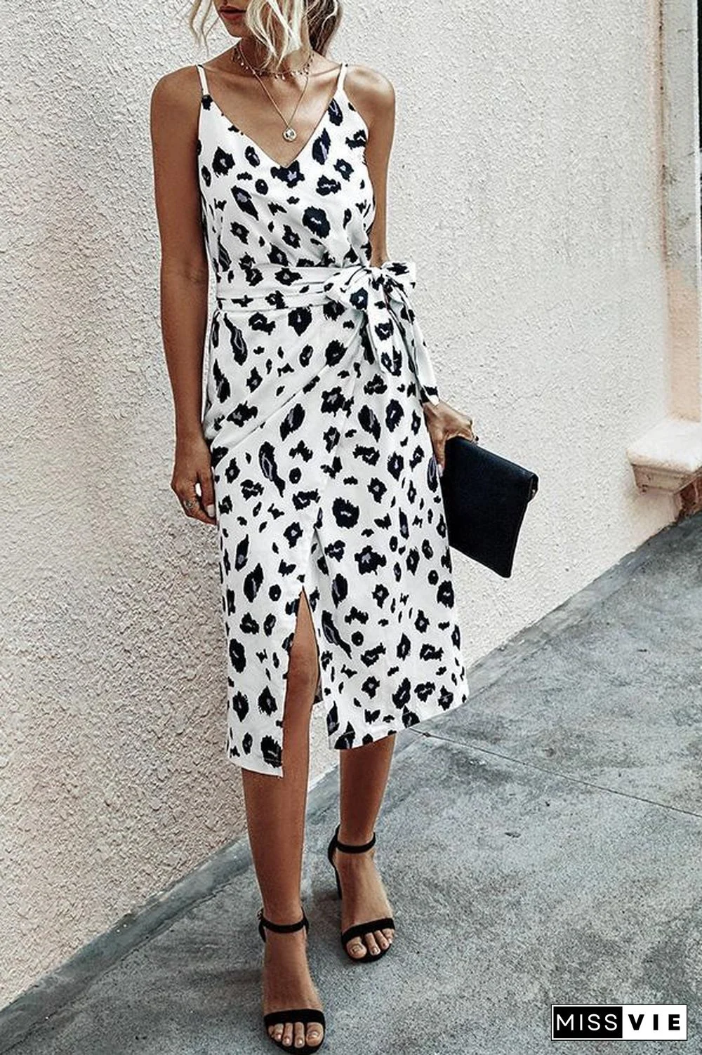 Fashionable Leopard-print Strapped Backless Midi Dress P11759