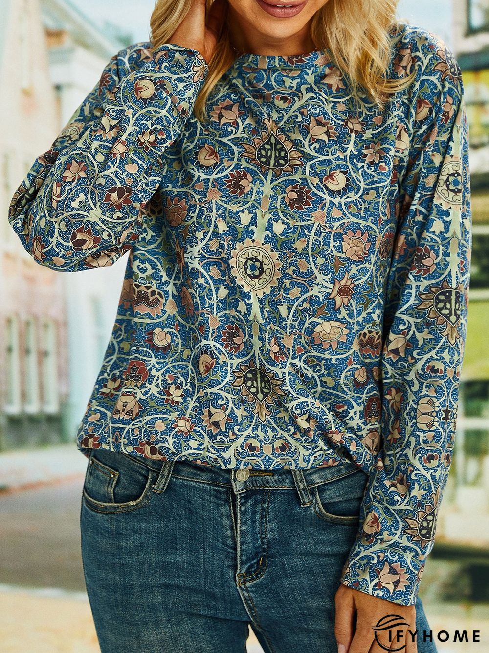 Casual Long Sleeve Crew Neck Ethnic Loose Sweatshirt | IFYHOME