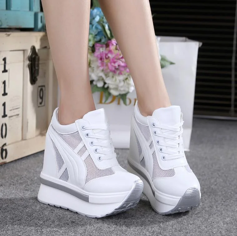 NEW Brand Women Mesh Platform Sneakers Trainers White Shoes 10CM High Heels Wedges Outdoor Shoes Breathable Casual Shoes Woman