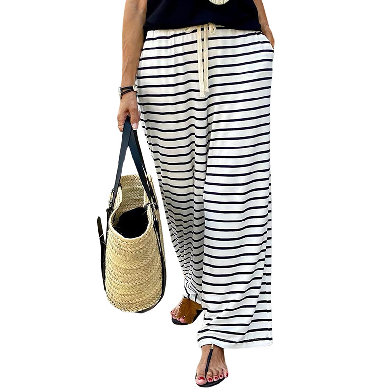 Mature Women High Waist Striped Printed Casual All-matching Wide Leg Straight-leg Pants