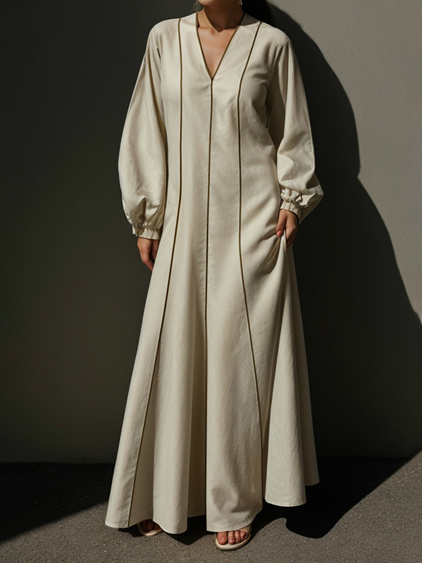 Lantern Sleeve Contrast Stripe Pleated Maxi Dress