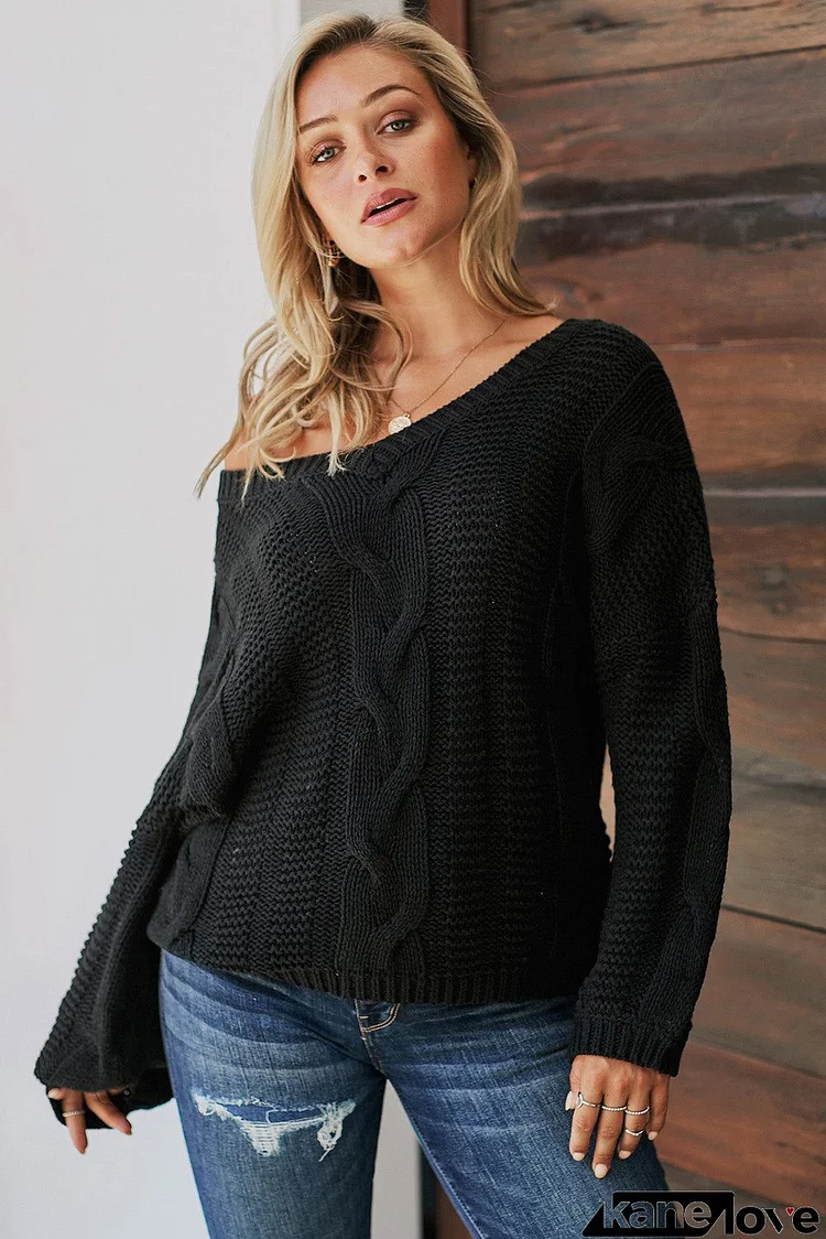 Winter Black Bubblegum V-Neck Braided Knit Sweater